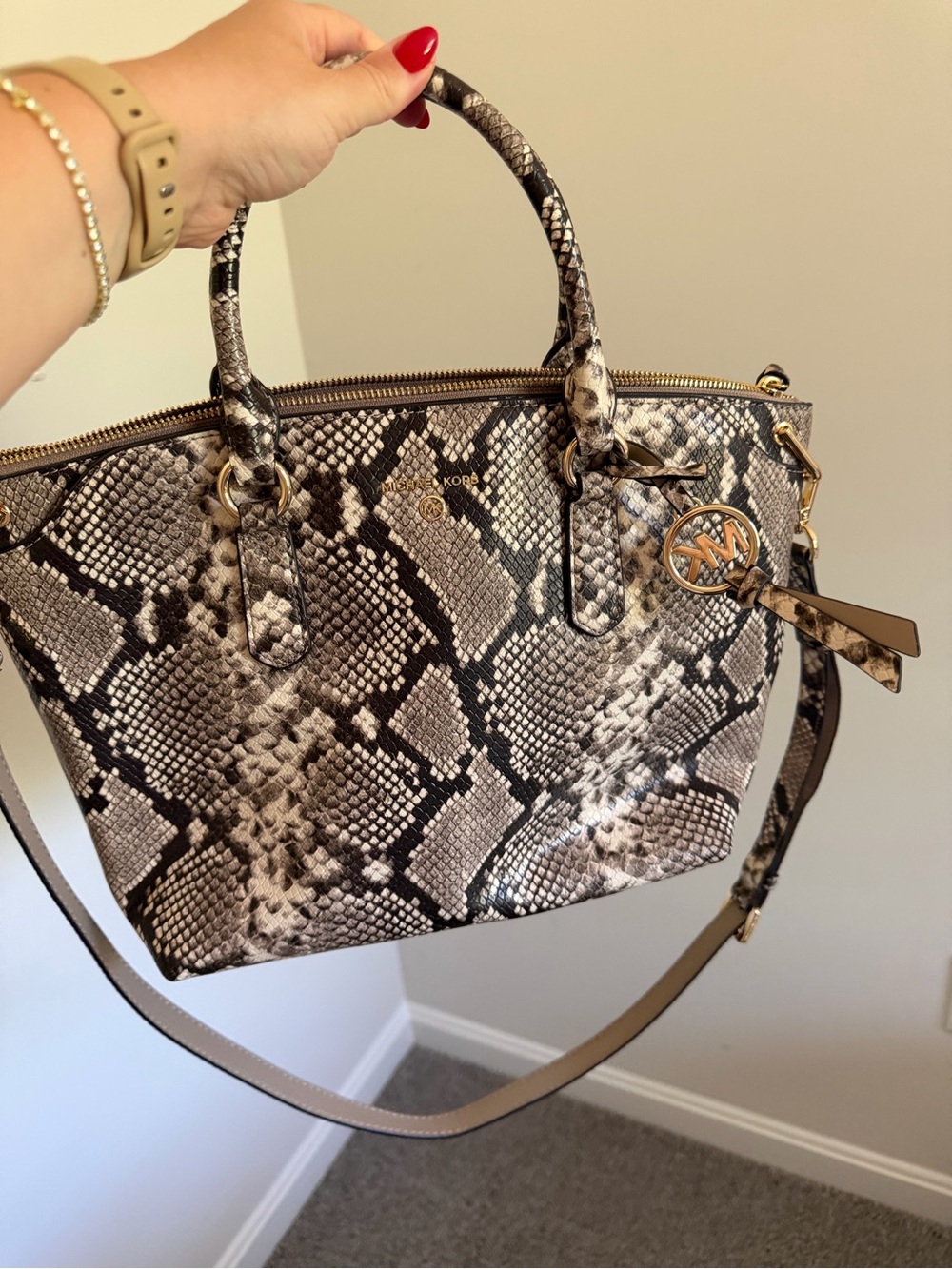 Michael Kors Snake-Print Satchel in Taupe, Black and Cream